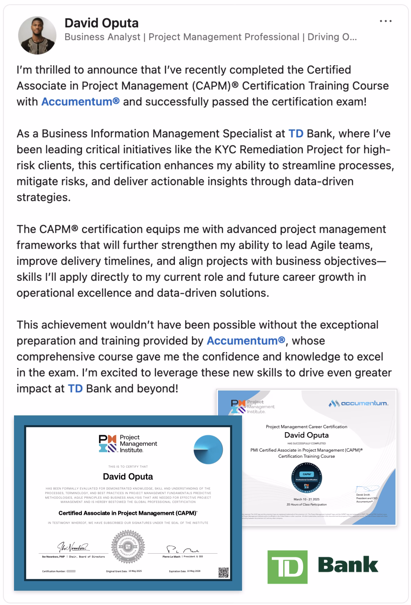 Client Success Story with Accumentum PMI Certified Associate in Project Management CAPM Certification Training Course